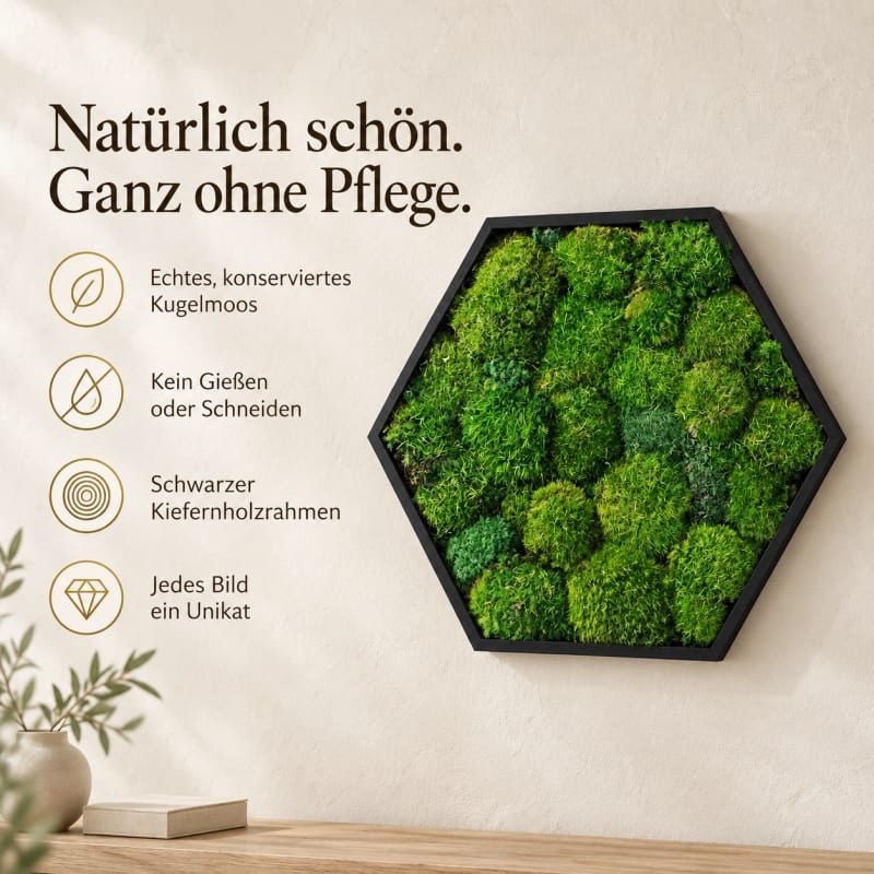HAGO24 Hexagon Moosbild Grün Kiefernholz Wandbild Mooswand Wanddekoration echtes konserviertes Kugelmoos sechseckige Form Aufhängung Unikat – Bild 3