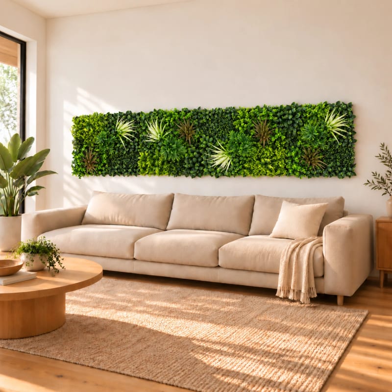 HAGO24 1qm Künstliche Pflanzwand Grün PE Kunstpflanzenwand Pflanzenmatte Blumenwand 4er-Set 50x50 cm Paneel Wanddeko UV-Beständig – Bild 5