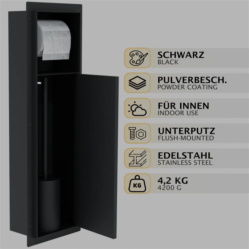 HAGO24 WC Modul Edelstahl Schwarz Einbauschrank Unterputz Wandnische 200x600mm Toilettenpapierhalter Bürstenhalter Push-to-Open befliesbare Tür – Bild 3