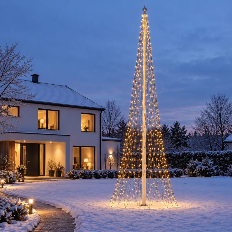 HAGO24 LED-Fahnenmastbeleuchtung Warmweiß Kunststoff Fahnenmast-Lichterkette Flaggenmastbeleuchtung Weihnachtsbeleuchtung 1440 LEDs 800 cm Höhe IP44 Außenbereich