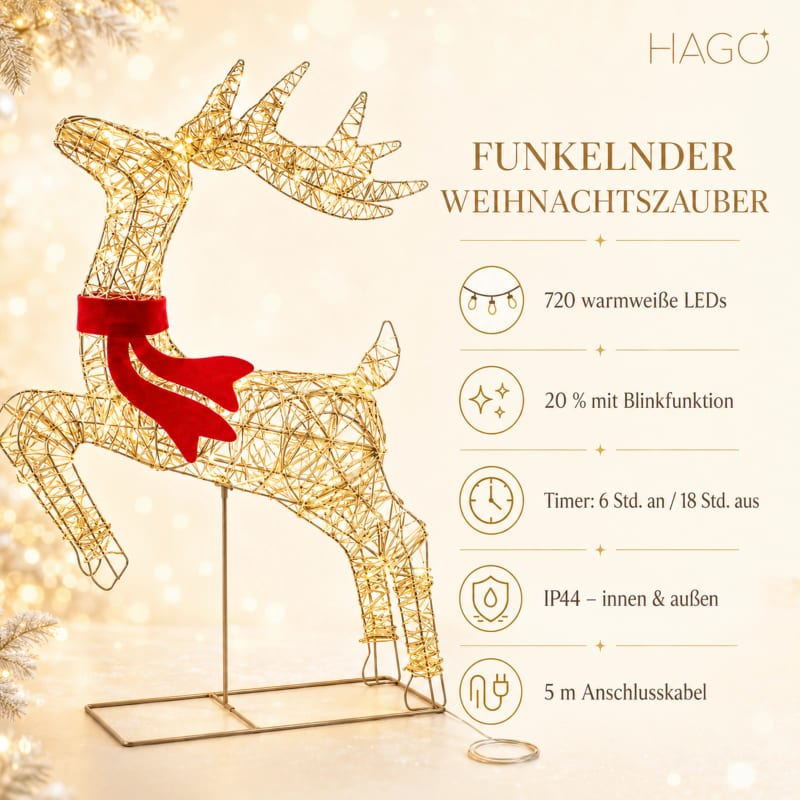 HAGO24 LED Rentier Gold mit rotem Schal Metall Weihnachtsbeleuchtung Winterdeko Leuchtfigur In-& Outdoor gold warmweiß Timer Glitzereffekt – Bild 3