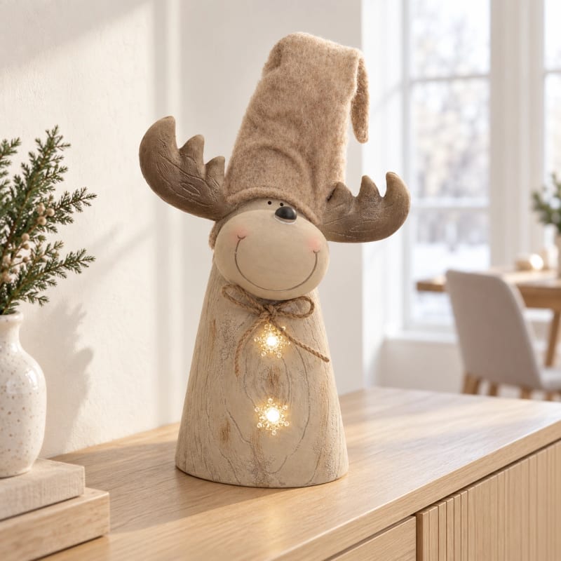 HAGO24 LED-Weihnachtselch Braun Holzoptik Elchfigur Rentierfigur Weihnachtsfigur höhenverstellbar LED-Schneeflocken 45-63cm