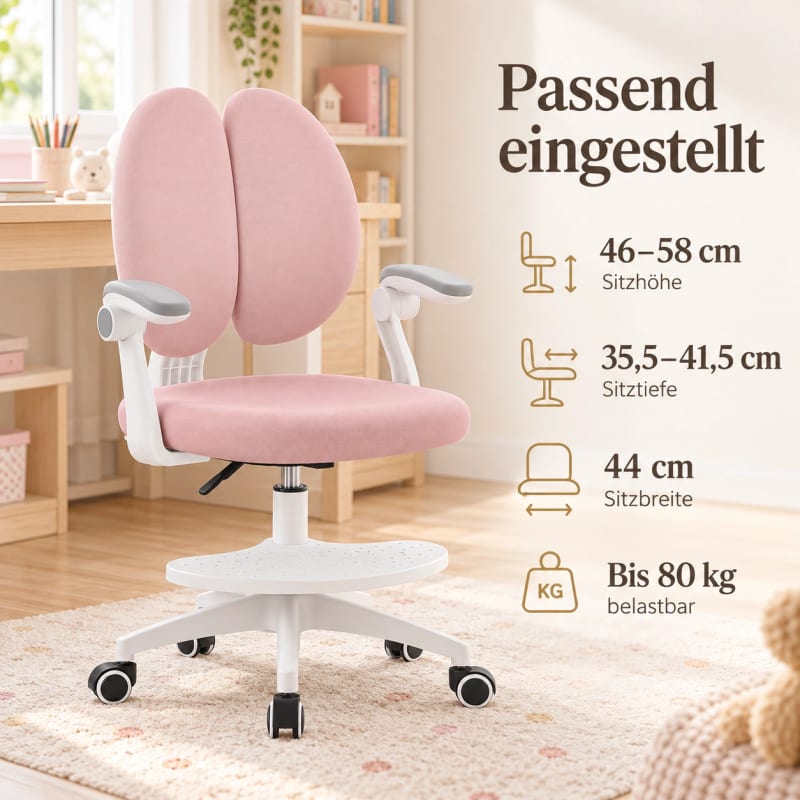 HAGO24 Kinder-Schreibtischstuhl Rosa Polyester Drehstuhl Bürostuhl Schreibtischsessel 46-58cm-Sitzhöhe geteilte Rückenlehne höhenverstellbare Fußstütze – Bild 4
