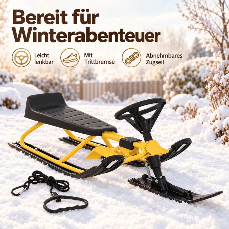 HAGO24 Kinder Lenkschlitten Gelb Stahl Rodelschlitten Steuerschlitten Schneeschlitten 20-cm-Sitzhöhe Fußbremse abnehmbares Zugseil – Bild 3