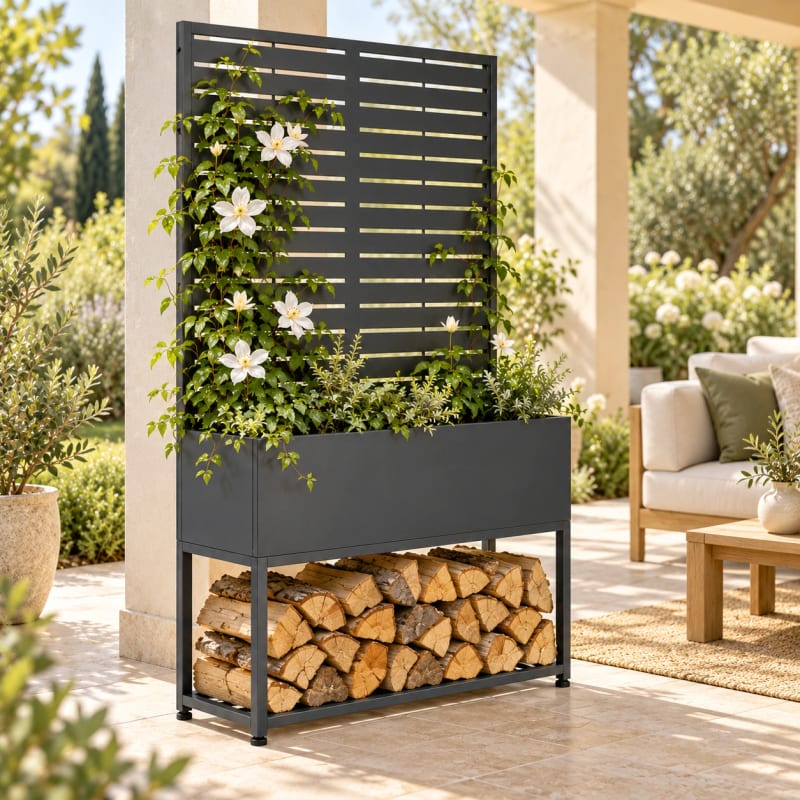 HAGO24 Feuerholzregal Anthrazit (RAL 7016) verzinkter Stahl Brennholzregal Kaminholzregal Holzständer Pflanzkasten Rankgitter 4 verstellbare Bodenschoner – Bild 5