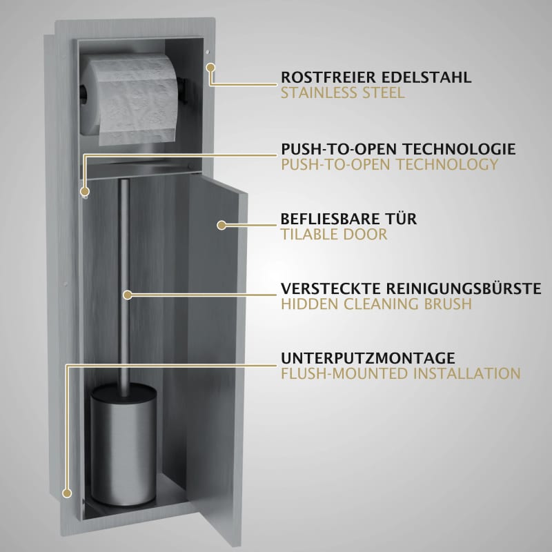 HAGO24 WC Modul Edelstahl gebürstet Einbauschrank Unterputz Wandnische 200x600mm Toilettenpapierhalter Bürstenhalter Push-to-Open befliesbare Tür – Bild 5