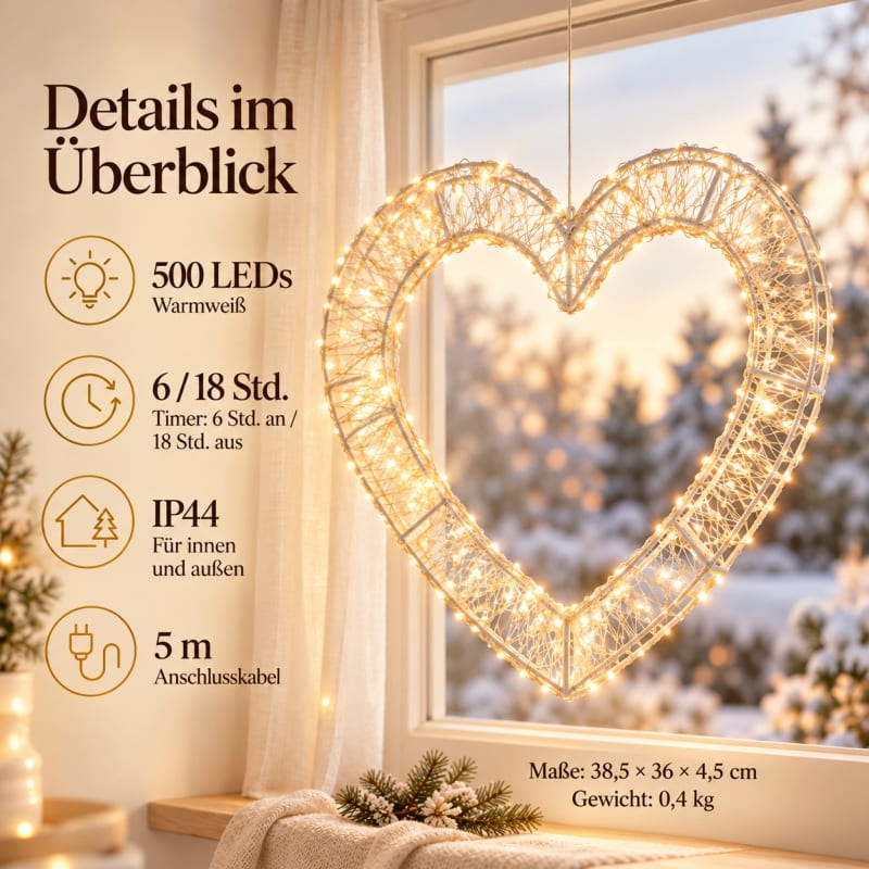 HAGO® LED Dekoherz Leuchtherz 500 LEDs 38,5 cm mit Timer warmweiß IP44 Weihnachtsdeko – Bild 4