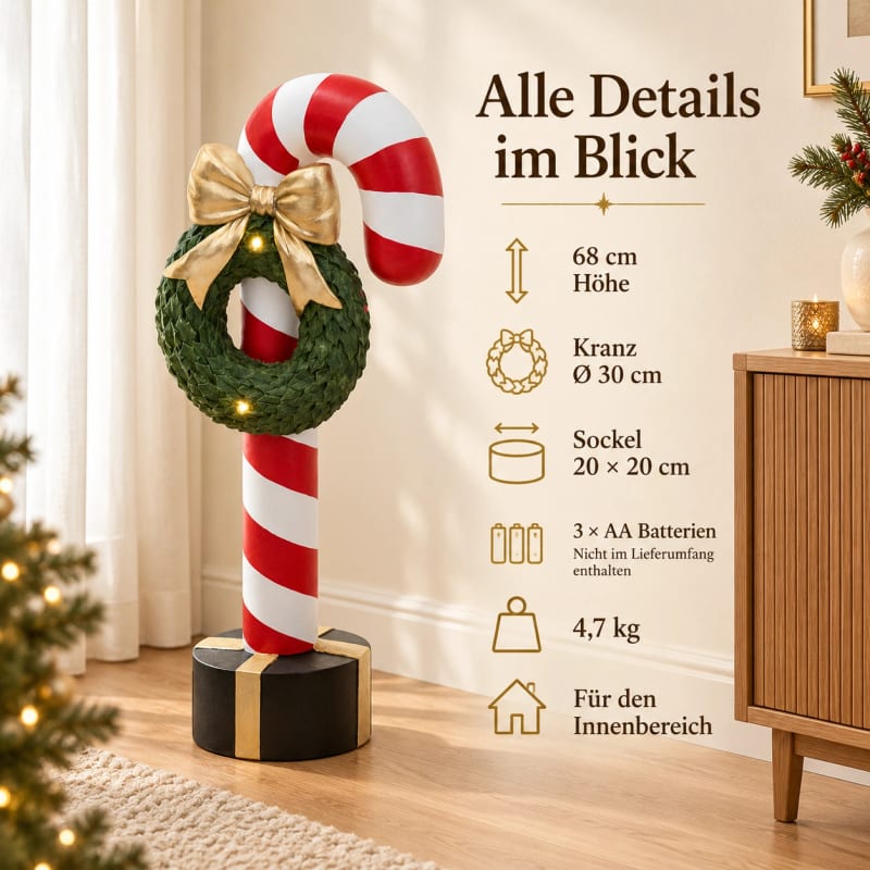 HAGO24 LED-Dekofigur Zuckerstange Rot Weiß Grün Schwarz Gold Magnesia Weihnachtsfigur Weihnachtsdekoration LED-Figur mit Kranz integrierten LEDs 68 cm Höhe – Bild 4
