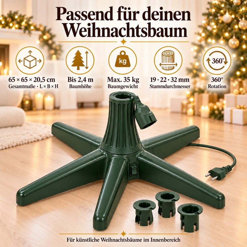 HAGO24 Weihnachtsbaumständer Grün Kunststoff Christbaumständer Tannenbaumständer Baumständer drehbar 360°-Rotation künstliche Weihnachtsbäume bis 240 cm mit 5 Standfüßen und 3 Adapter-Aufsätzen – Bild 4