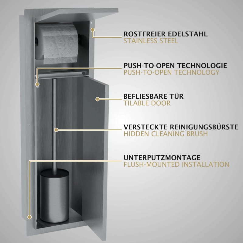 HAGO24 WC Modul Edelstahl gebürstet Schlitz Einbauschrank Unterputz Wandnische 200x600mm Toilettenpapierhalter Bürstenhalter Push-to-Open befliesbare Tür – Bild 5