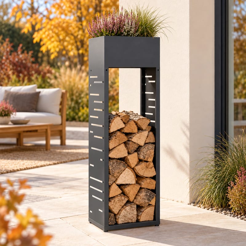 HAGO24 Feuerholzregal Anthrazit verzinkter Stahl Kaminholzregal Brennholzregal Holzlager Säulenform integrierter Pflanzkasten modular erweiterbar – Bild 1