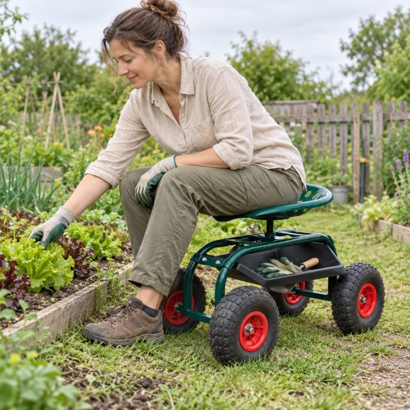 HAGO24 Gartenrollsitz Grün Stahl Gartenrollwagen Gartensitzwagen Gartenarbeitssitz 360° drehbar höhenverstellbar Aufbewahrungskorb im Einsatz