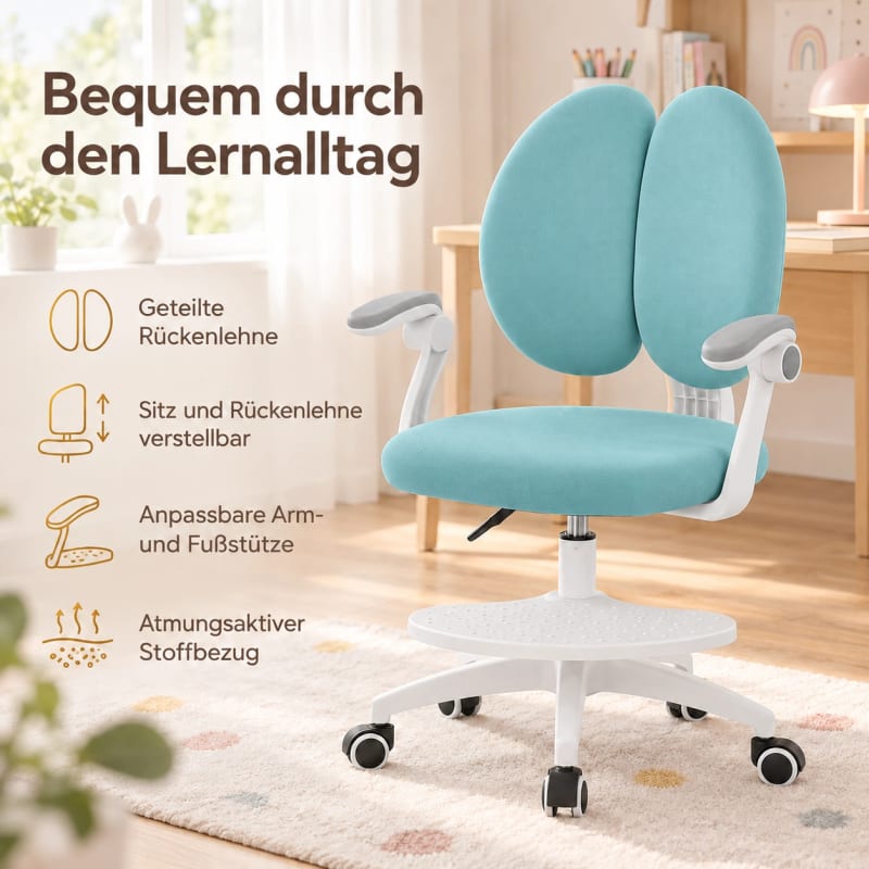 HAGO24 Kinder-Schreibtischstuhl Mint Polyester Drehstuhl Bürostuhl Schreibtischsessel 46-58cm-Sitzhöhe geteilte Rückenlehne höhenverstellbare Fußstütze – Bild 3