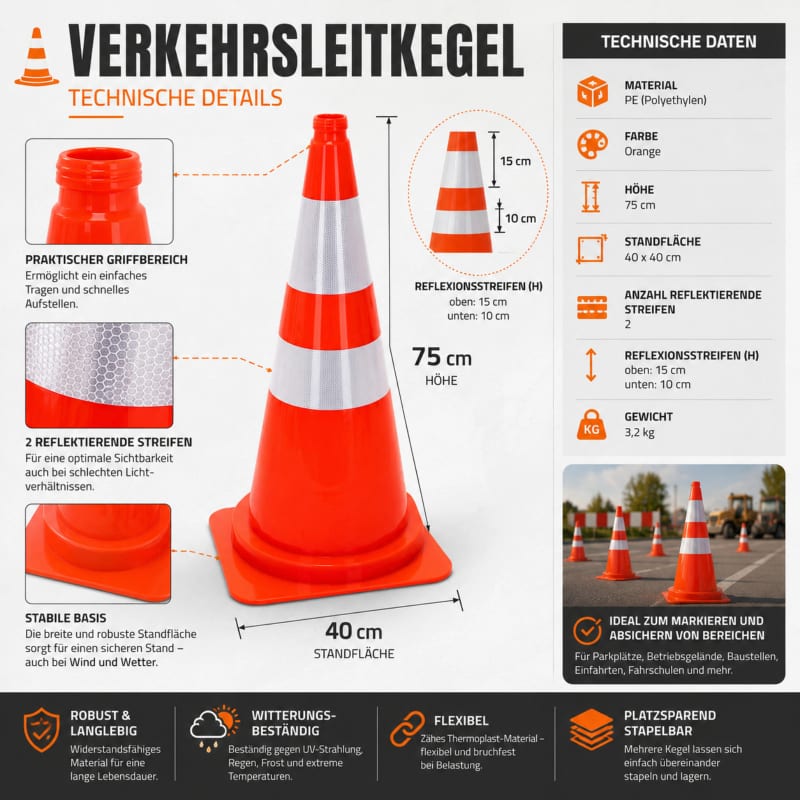 HAGO24 XXL Verkehrsleitkegel 75 cm Pylone Warnkegel Markierungskegel Absperrung Hütchen Orange Stapelbar 3,2kg – 9 Stück – Bild 5