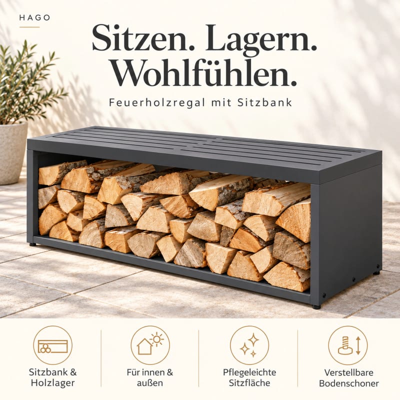 HAGO24 Feuerholzregal mit Sitzbank Anthrazit RAL 7016 verzinkter Stahl Kaminholzregal Brennholzregal Holzlager integrierte Sitzbank Kunststoff-Sitzfläche bis zu 220 kg belastbar – Bild 3