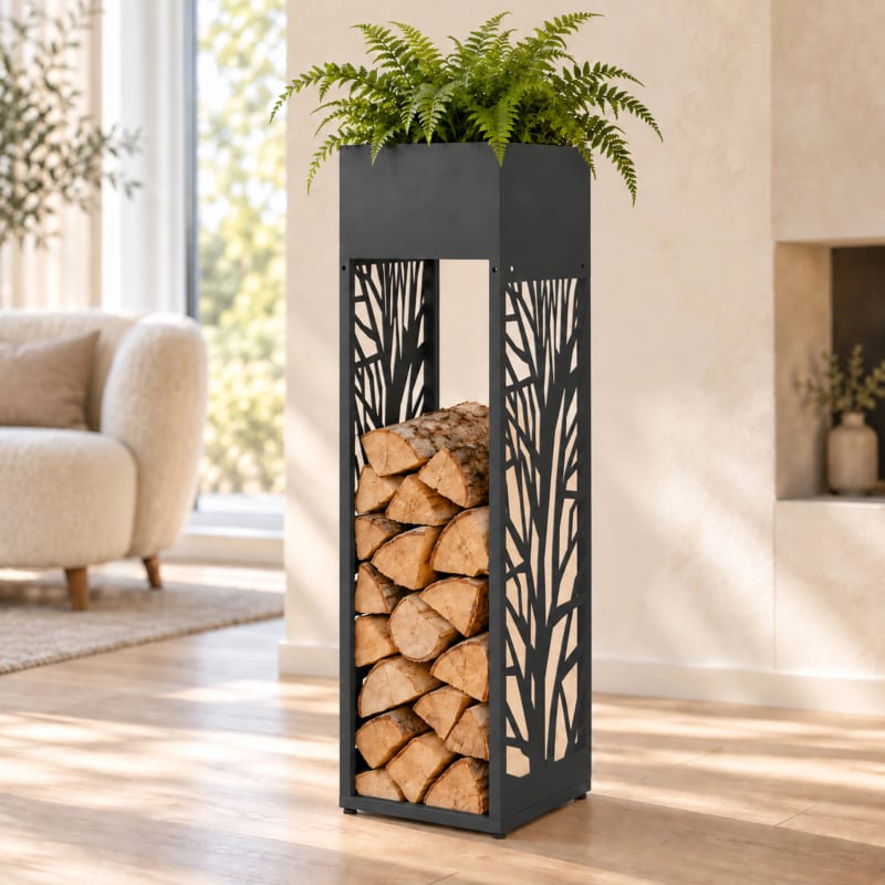HAGO24 Feuerholzregal Anthrazit verzinkter Stahl Kaminholzregal Brennholzregal Holzlager Säulenform integrierter Pflanzkasten modular erweiterbar – Bild 5