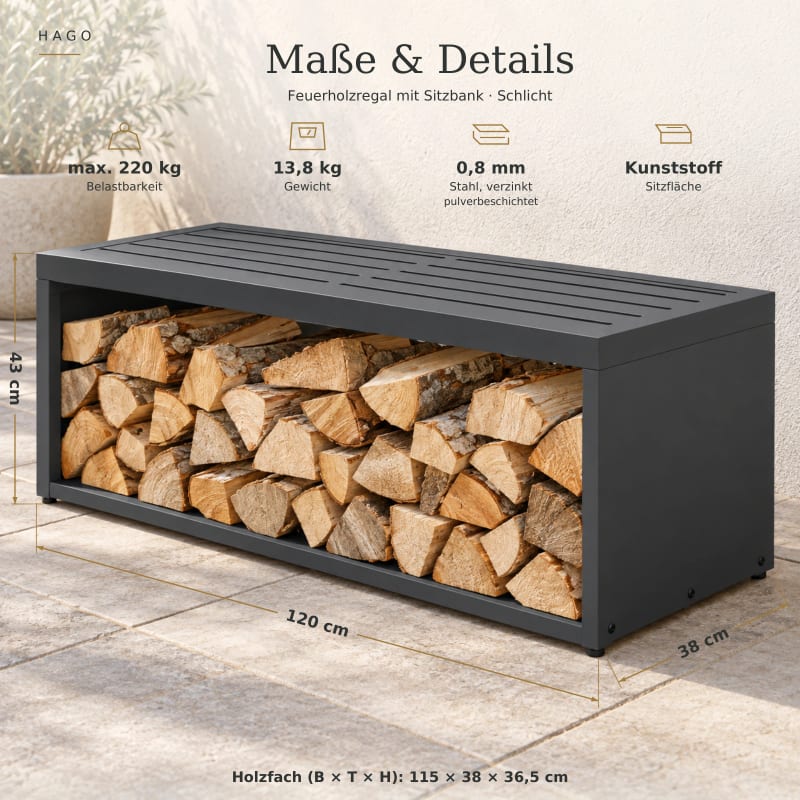 HAGO24 Feuerholzregal mit Sitzbank Anthrazit RAL 7016 verzinkter Stahl Kaminholzregal Brennholzregal Holzlager integrierte Sitzbank Kunststoff-Sitzfläche bis zu 220 kg belastbar – Bild 4