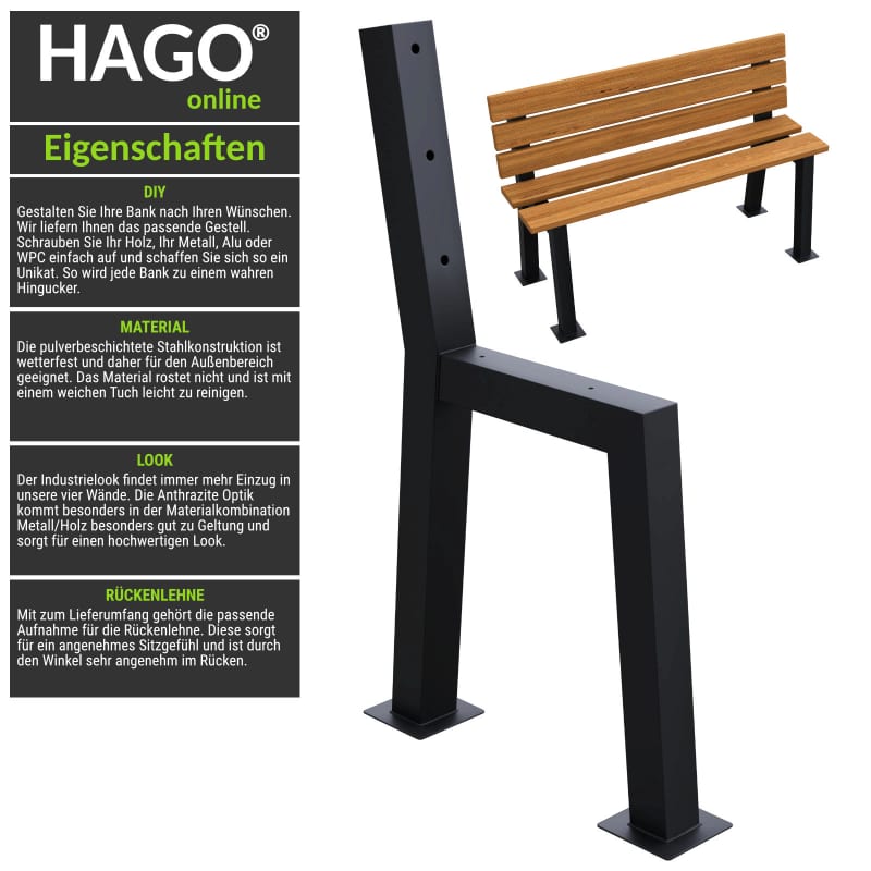 HAGO24 Bankgestell Stahl H-Form 2er Set Bankfüße Schwarz Pulverbeschichtet Rückenlehne Wetterfest Industrial Look Bodenschoner – Bild 3