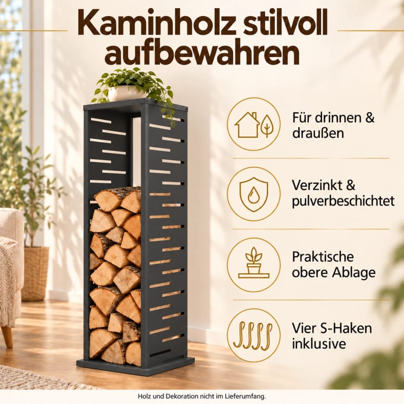 HAGO24 Feuerholzregal Anthrazit Stahl Kaminholzregal Brennholzregal Holzständer Säulenform pulverbeschichtet verstellbare Bodenschoner – Bild 3