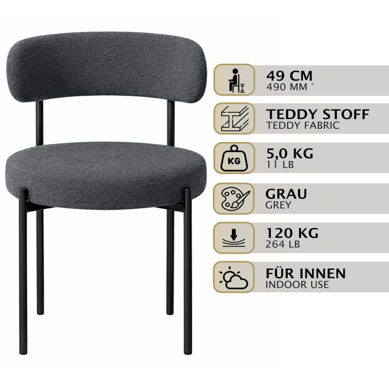 HAGO24 Esszimmerstühle 2er Set Schiefergrau Teddystoff Bezug Polsterstuhl Sitzhöhe 49cm rund schwarze Metallfüße Grau gemütlich edles Design bis 120kg – Bild 2