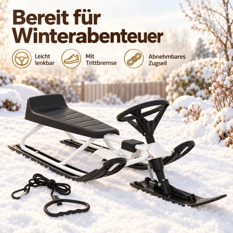 HAGO24 Kinder Lenkschlitten weiß Stahl Rodelschlitten Steuerschlitten Schneeschlitten 20-cm-Sitzhöhe Fußbremse abnehmbares Zugseil – Bild 3