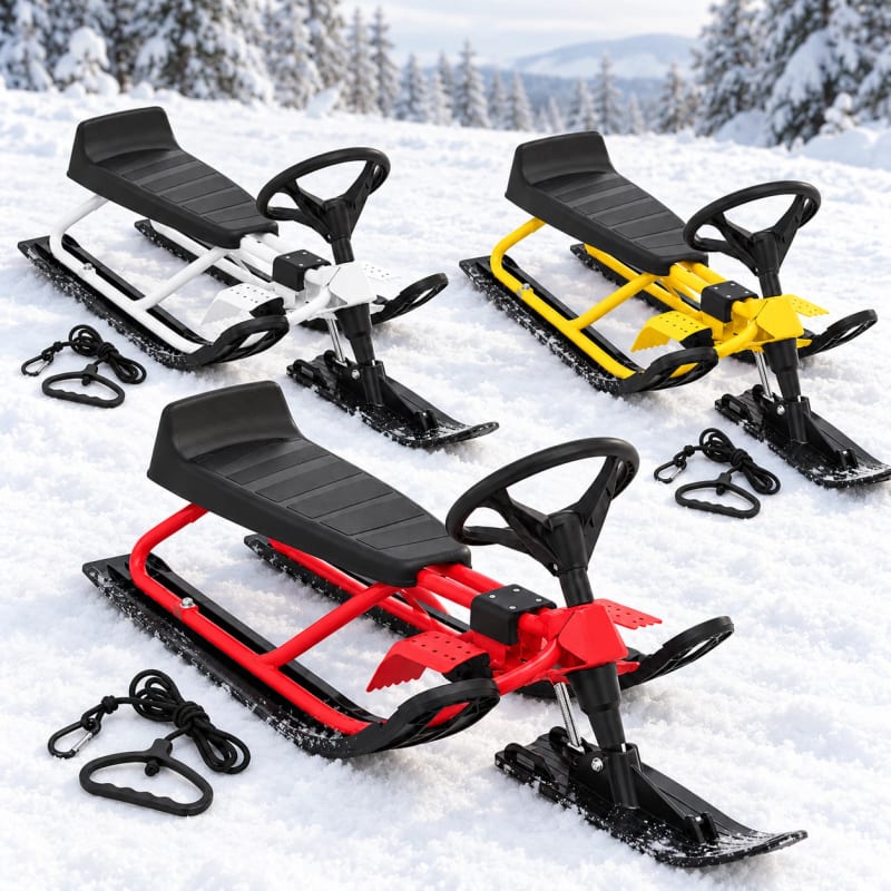 HAGO24 Kinder Lenkschlitten Weiß Stahl Rodelschlitten Steuerschlitten Schneeschlitten 20-cm-Sitzhöhe Fußbremse abnehmbares Zugseil