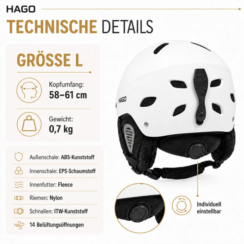 HAGO24 Skihelm Weiß ABS-Kunststoff EPS-Schaumstoff Snowboardhelm Snowboardhelm Unisex größenverstellbar 14 Belüftungsöffnungen Skibrillenhalter – Größe L – Bild 4