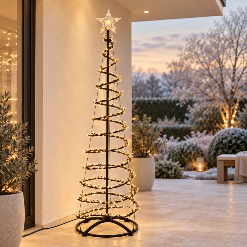 HAGO24 Beleuchteter Weihnachtsbaum Schwarz Kunststoff Künstlicher Tannenbaum Christbaum Lichterbaum 180 cm Höhe 640 warmweiße LEDs Wasserfall-Lichteffekt mit Timer im Einsatz