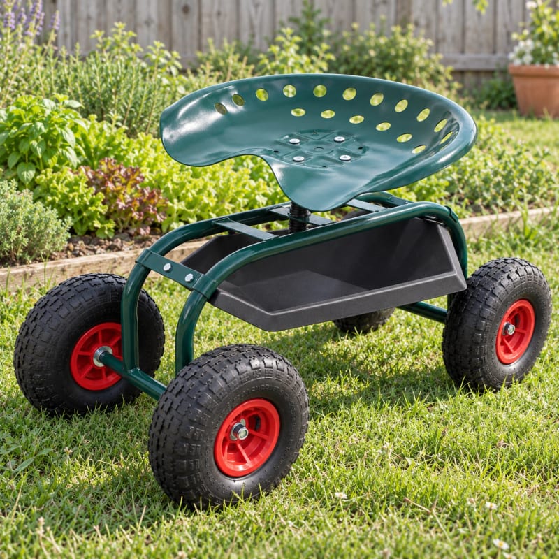 HAGO24 Gartenrollsitz Grün Stahl Gartenrollwagen Gartensitzwagen Gartenarbeitssitz 360° drehbar höhenverstellbar Aufbewahrungskorb