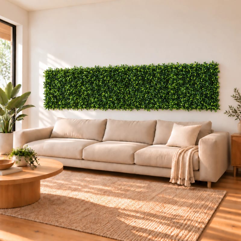 HAGO24 1qm Künstliche Pflanzwand Grün PE Kunstpflanzenwand Pflanzenmatte Blumenwand 4er-Set 50x50 cm Paneel Wanddeko UV-Beständig – Bild 5