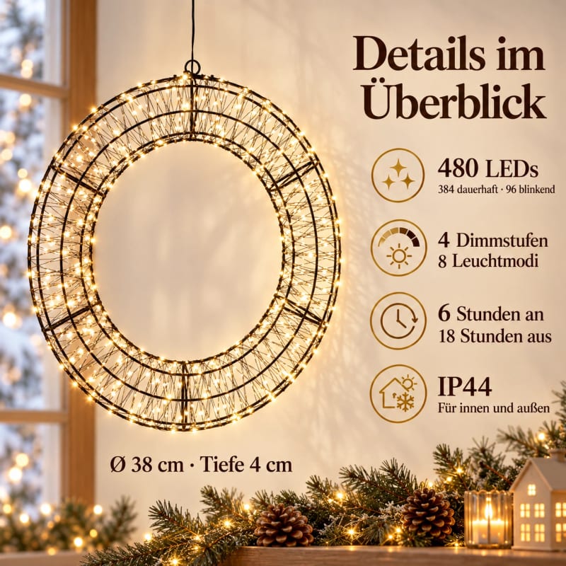 HAGO24 LED Lichterkranz 38cm Leuchtring Weihnachtsbeleuchtung Fensterdeko Winterdeko 4 Dimmstufen 8 Leuchtmodi 6-Stunden-Timer – Bild 4
