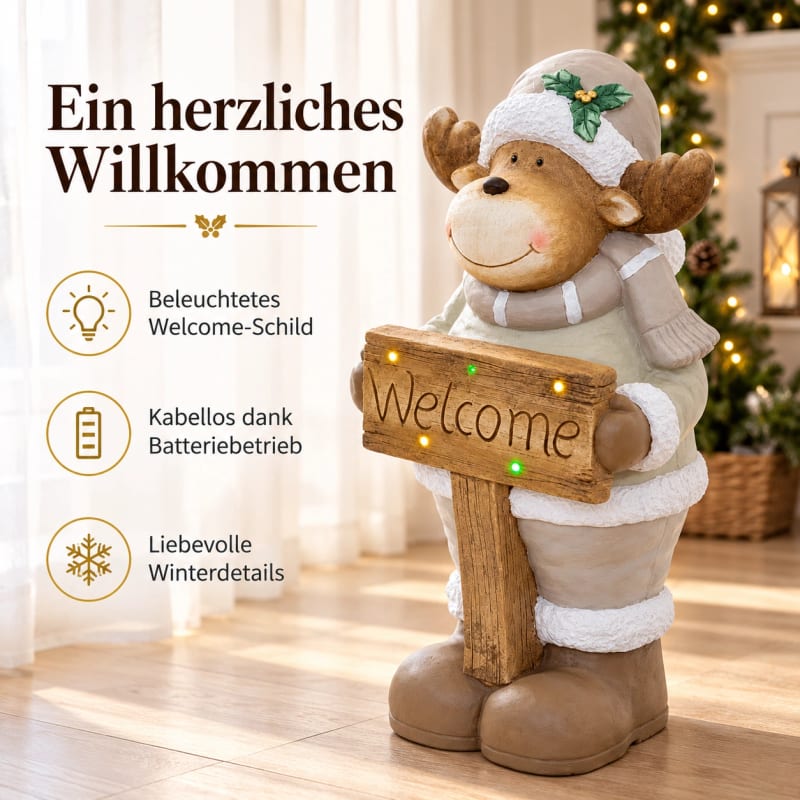 HAGO24 LED-Dekofigur Elch Grau Magnesia Weihnachtsfigur Elchfigur Rentierfigur 76cm-Höhe batteriebetrieben Welcome-Schild – Bild 3