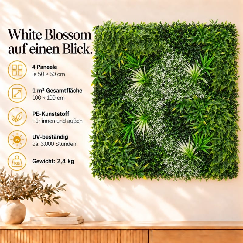 HAGO24 1qm Künstliche Pflanzwand Grün PE Kunstpflanzenwand Pflanzenmatte Blumenwand 4er-Set 50x50 cm Paneel Wanddeko UV-Beständig – Bild 4