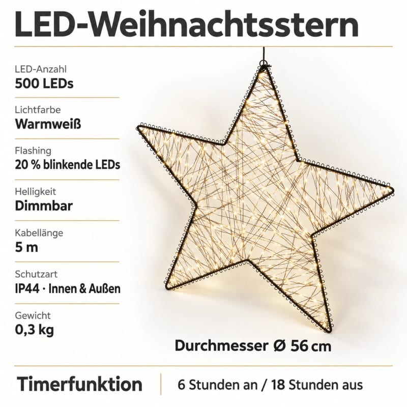 HAGO24 LED Weihnachtsstern Warmweißes Licht Metallrahmen LED-Stern Leuchtstern Dekostern 500 LEDs mit 20 % Flashing Dimm- und Timerfunktion IP44 für Innen- und Außenbereich – Bild 4