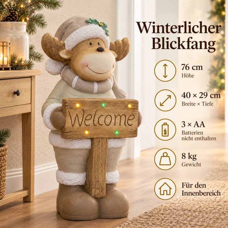HAGO24 LED-Dekofigur Elch Grau Magnesia Weihnachtsfigur Elchfigur Rentierfigur 76cm-Höhe batteriebetrieben Welcome-Schild – Bild 4