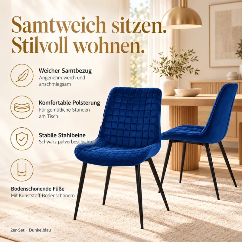 HAGO24 Esszimmerstühle Blau - Samt Polsterstuhl Küchenstuhl Samtstuhl Essstuhl quadratische Steppung gepolsterte Rückenlehne schwarzes Metallgestell – Bild 3