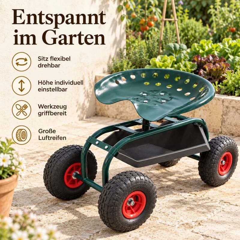 HAGO24 Gartenrollsitz Grün Stahl Gartenrollwagen Gartensitzwagen Gartenarbeitssitz 360° drehbar höhenverstellbar Aufbewahrungskorb – Bild 3