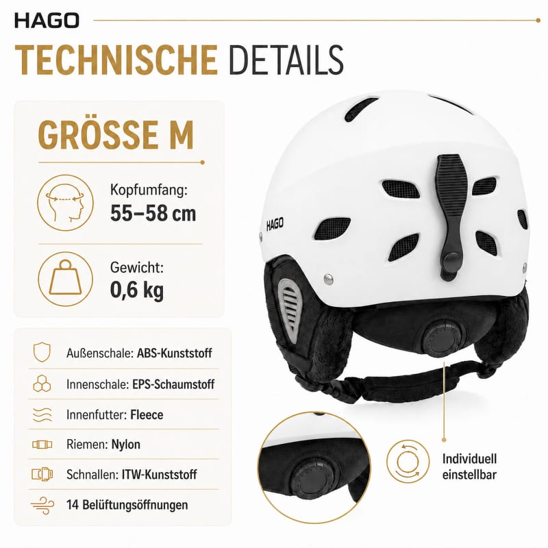 HAGO24 Skihelm Weiß ABS-Kunststoff EPS-Schaumstoff Snowboardhelm Snowboardhelm Unisex größenverstellbar 14 Belüftungsöffnungen Skibrillenhalter – Größe M – Bild 4