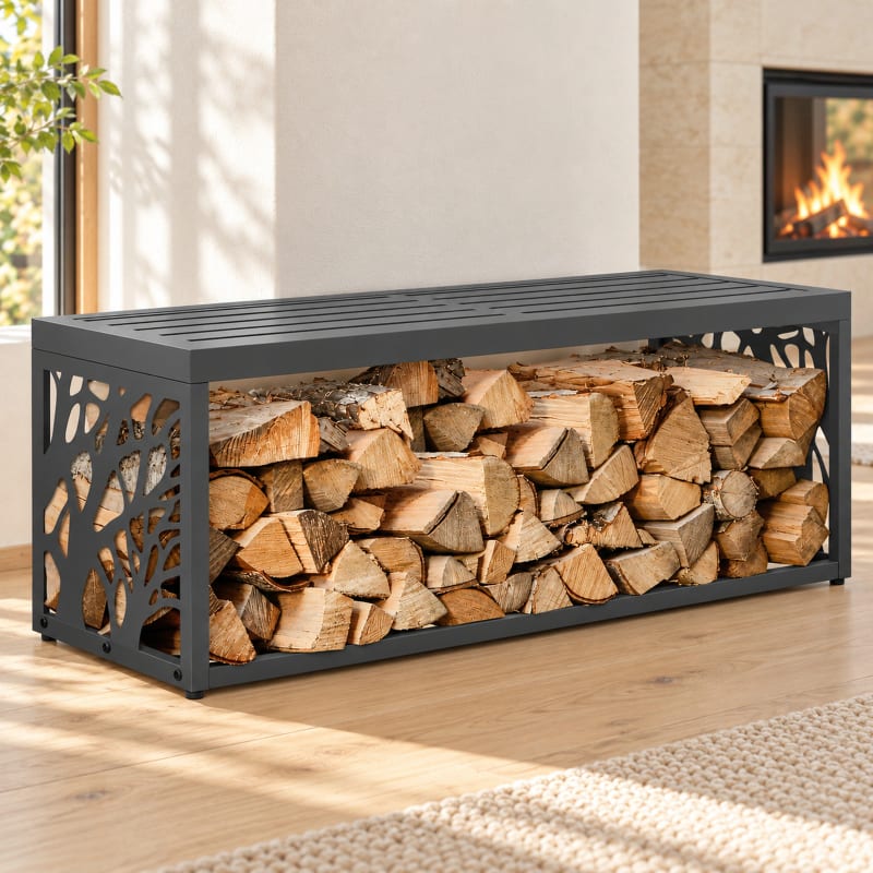 HAGO24 Feuerholzregal mit Sitzbank Anthrazit RAL 7016 verzinkter Stahl Kaminholzregal Brennholzregal Holzlager integrierte Sitzbank Kunststoff-Sitzfläche bis zu 220 kg belastbar – Bild 1