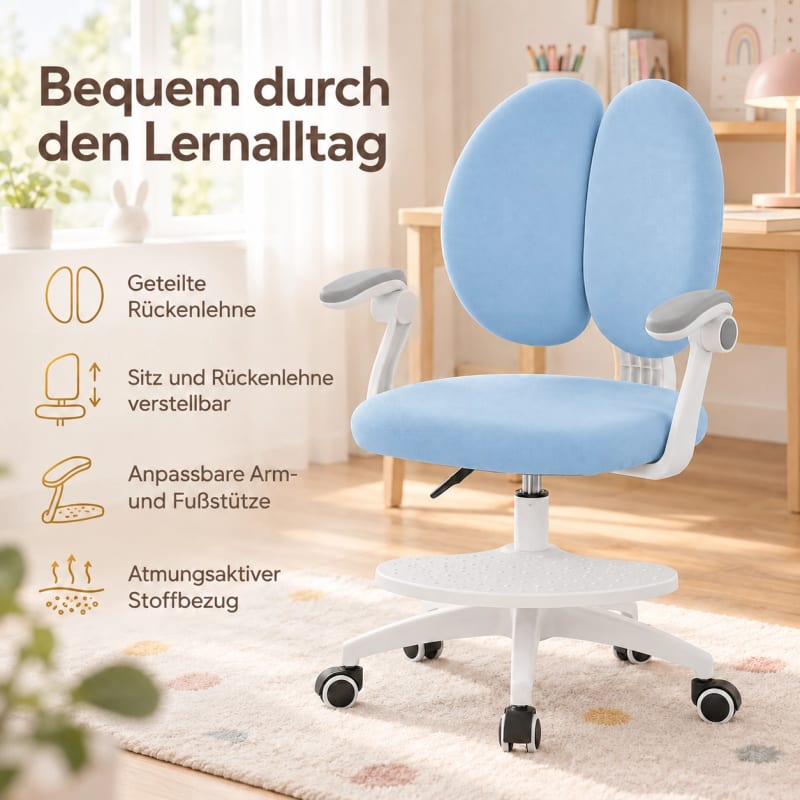 HAGO24 Kinder-Schreibtischstuhl Blau Polyester Drehstuhl Bürostuhl Schreibtischsessel 46-58cm-Sitzhöhe geteilte Rückenlehne höhenverstellbare Fußstütze – Bild 3
