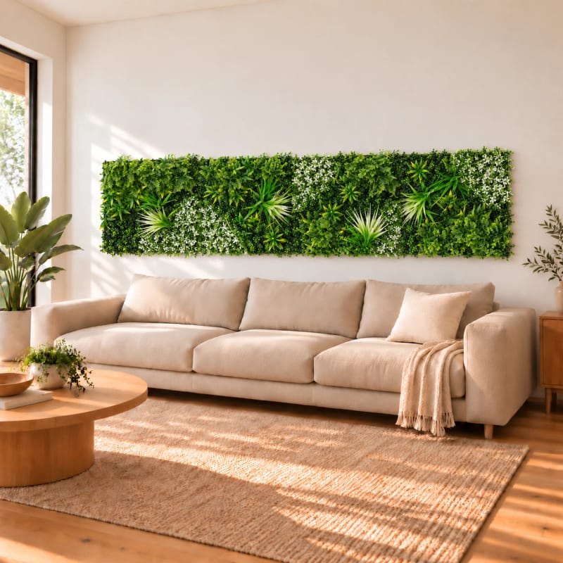 HAGO24 1qm Künstliche Pflanzwand Grün PE Kunstpflanzenwand Pflanzenmatte Blumenwand 4er-Set 50x50 cm Paneel Wanddeko UV-Beständig – Bild 5
