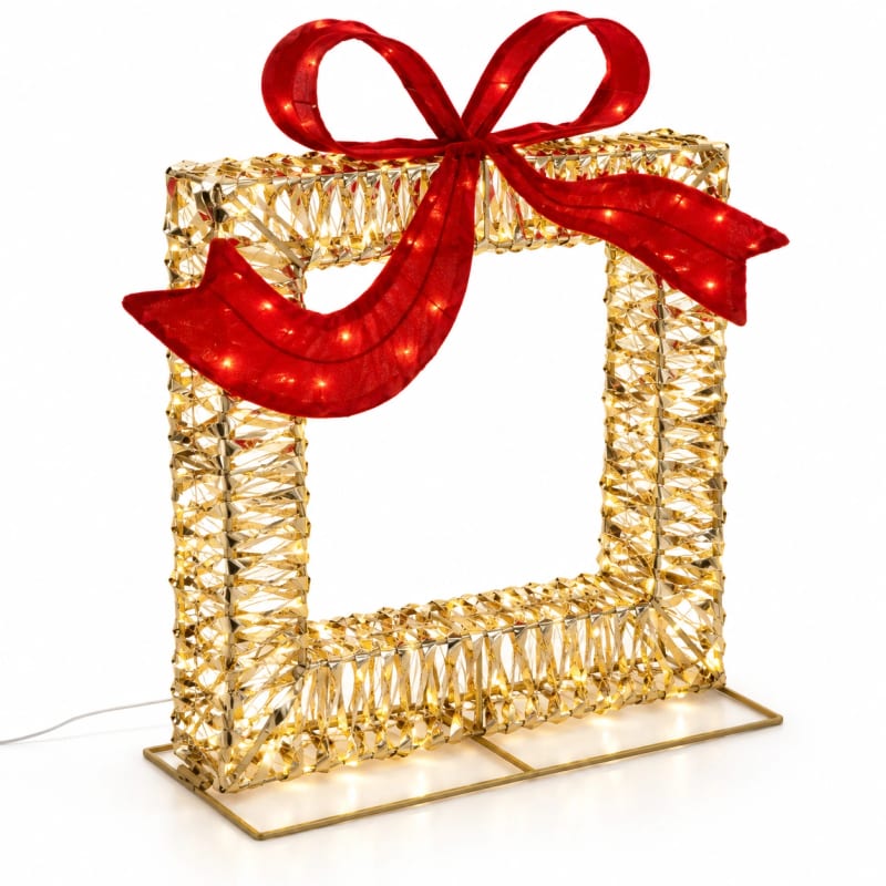 HAGO24 LED Geschenkbox Gold mit roter Schleife Metall Leuchtgeschenk Lichtgeschenk Geschenkbeleuchtung 500 warmweiße LEDs Timer 8/16 Stunden IP44 innen und außen – Bild 2