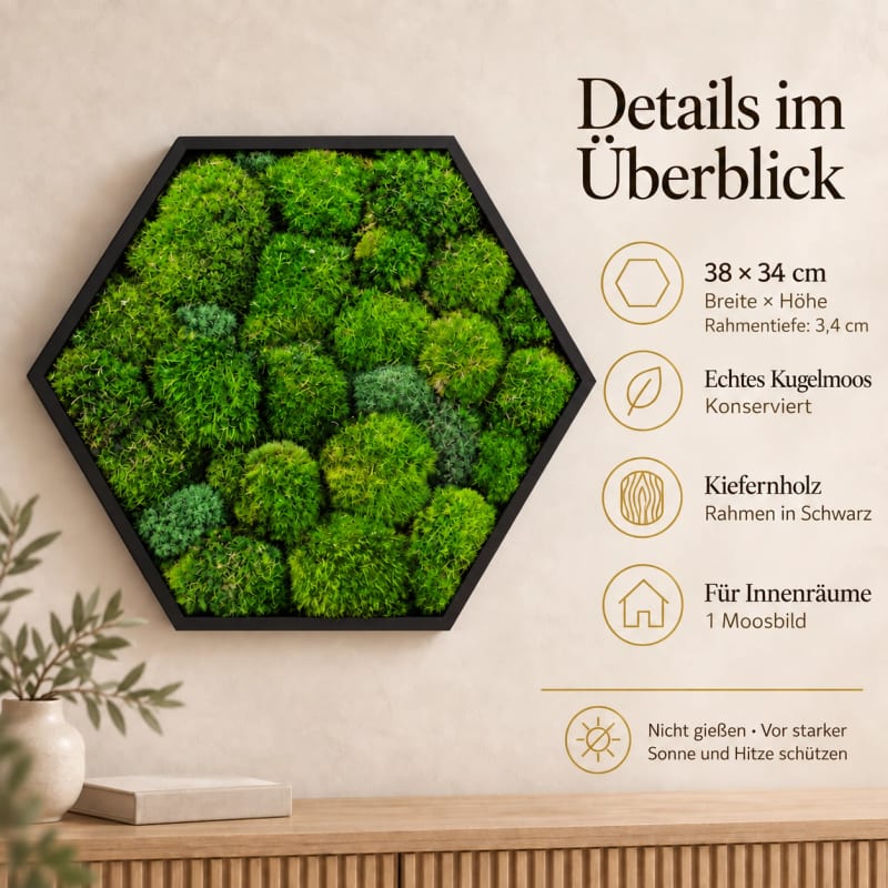 HAGO24 Hexagon Moosbild Grün Kiefernholz Wandbild Mooswand Wanddekoration echtes konserviertes Kugelmoos sechseckige Form Aufhängung Unikat – Bild 4