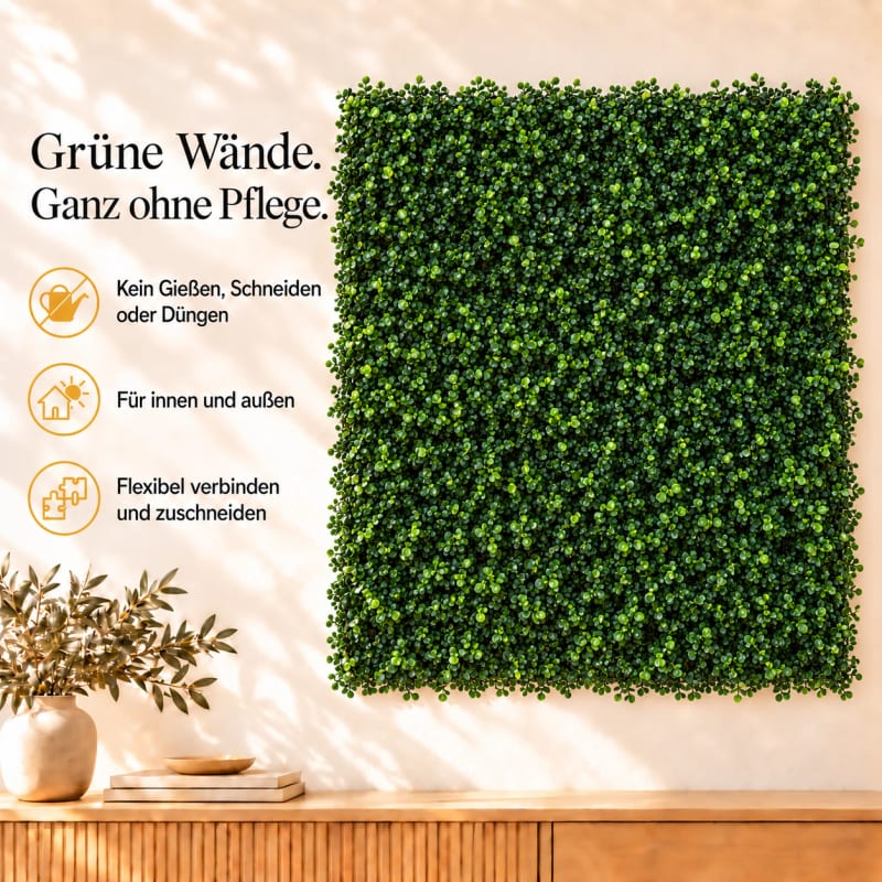 HAGO24 1qm Künstliche Pflanzwand Grün PE Kunstpflanzenwand Pflanzenmatte Blumenwand 4er-Set 50x50 cm Paneel Wanddeko UV-Beständig – Bild 3