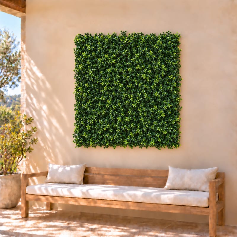 HAGO24 1qm Künstliche Pflanzwand Grün PE Kunstpflanzenwand Pflanzenmatte Blumenwand 4er-Set 50x50 cm Paneel Wanddeko UV-Beständig im Einsatz