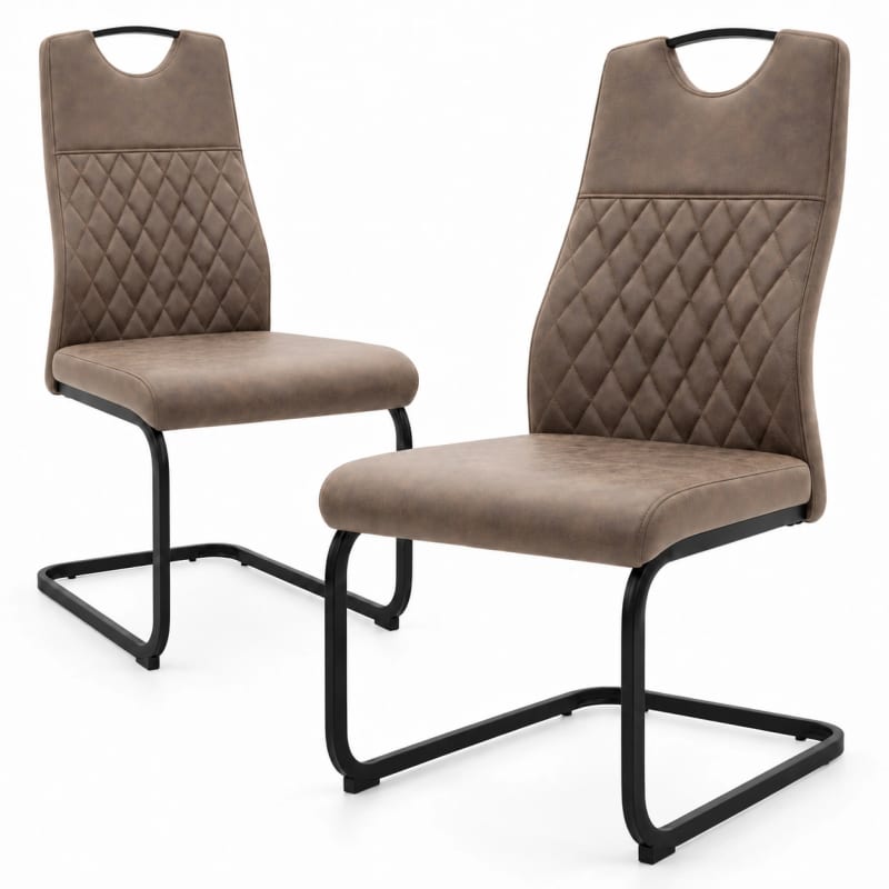 HAGO24 2er-Set Esszimmerstuhl Braun Kunstleder Küchenstühle Schwingstuhl Freischwinger Polsterstuhl Rautensteppung Griffmulde Bodenschoner – Bild 2