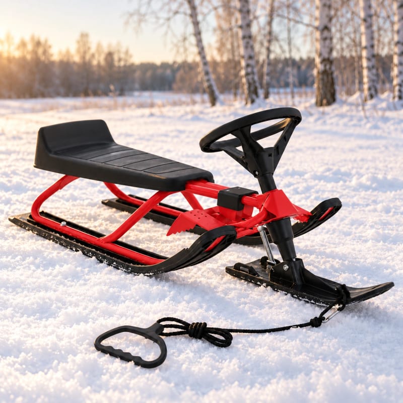 HAGO24 Kinder Lenkschlitten Rot Stahl Rodelschlitten Steuerschlitten Schneeschlitten 20-cm-Sitzhöhe Fußbremse abnehmbares Zugseil