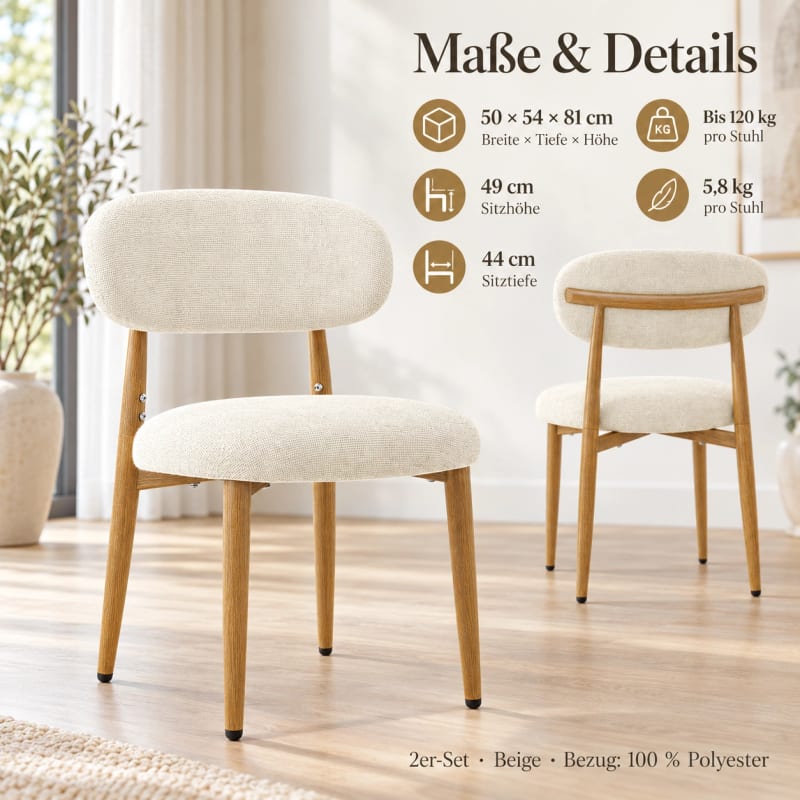 HAGO24 Esszimmerstühle Beige Essstuhl Küchenstuhl Polsterstuhl Küchenstühle Rückenlehne Stoff Holzoptik Stahl Skandinavien – Bild 4