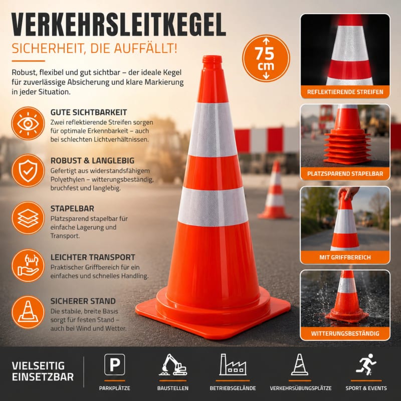 HAGO24 XXL Verkehrsleitkegel 75 cm Pylone Warnkegel Markierungskegel Absperrung Hütchen Orange Stapelbar 3,2kg – 7 Stück – Bild 4