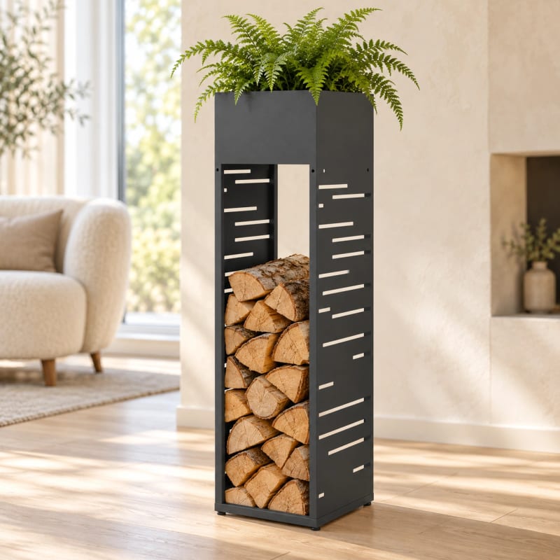 HAGO24 Feuerholzregal Anthrazit verzinkter Stahl Kaminholzregal Brennholzregal Holzlager Säulenform integrierter Pflanzkasten modular erweiterbar – Bild 5